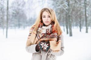 Winterporträt einer schönen jungen Frau mit Schal in der Nähe eines schneebedeckten Parks foto