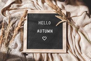 herbstlicher Hintergrund. schwarzes buchstabenbrett mit textphrase hallo herbst und getrocknetem gras, das auf weißem strickpullover liegt. Ansicht von oben, flach liegend. Thanksgiving-Banner. Hygge-Stimmungskonzept für kaltes Wetter foto