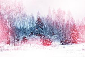 Dorf im Winter schneebedeckter Wald. Urlaubskarte. foto