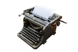 alte Vintage staubbedeckte Schreibmaschine mit Blatt Papier isoliert auf weißem Hintergrund foto
