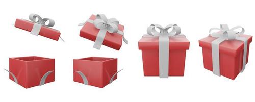 Set aus rotem Geschenkkarton mit weißem Band auf weißem Hintergrund. 3D-Darstellung Render-Überraschungsbox. realistisches vektorsymbol für hochzeitsbanner, geburtstagspräsentation oder feiern foto