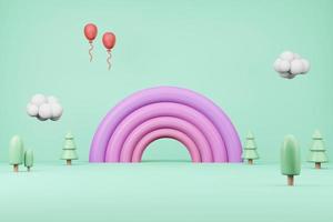 Cartoon niedlichen Hintergrund 3D-Illustration Rendering, rosa Regenbogenwolke und Ballon in pastellfarbenen Rasenflächen foto