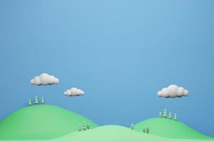 cartoon niedlich hintergrund 3d illustration rendering, orthografische bergwolke und baum in pastellfarben foto