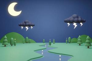 cartoon niedlichen halbmond nacht hintergrund 3d illustration rendering, baumgebirgsgewitterwolken und fluss foto
