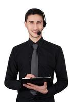 Call-Center-Mann mit Headset und Zwischenablage auf weiß isoliert
