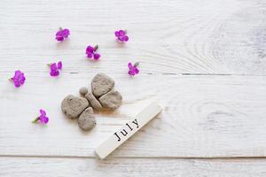 Draufsicht des Holzkalenders mit Julizeichen, Tonschmetterling und rosa Blumen. foto