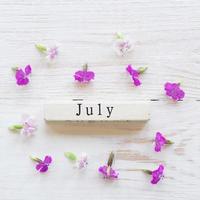 Draufsicht des Holzkalenders mit Juli-Zeichen und rosa Blumen. foto