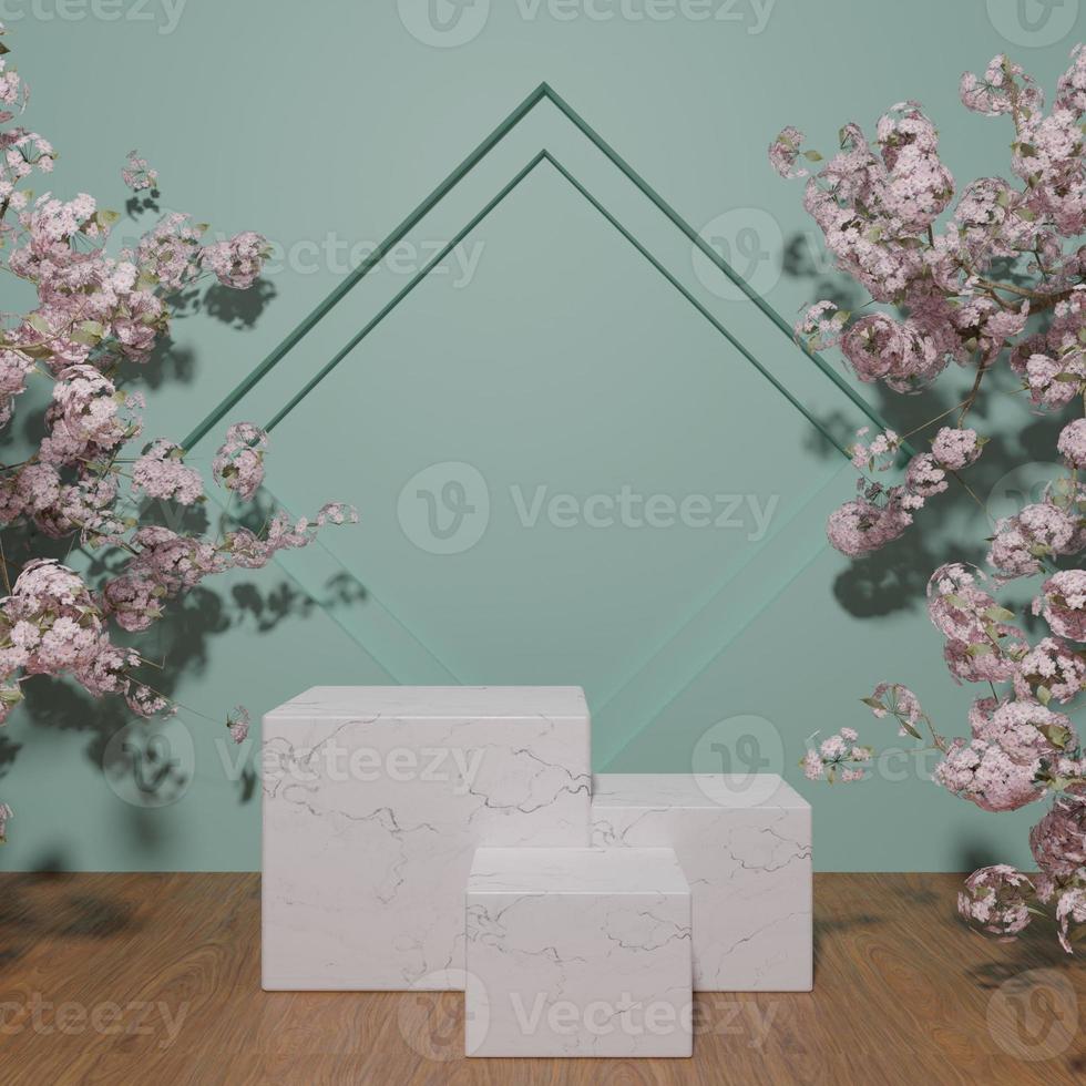vit marmorpodium för produktplacering med blomma foto