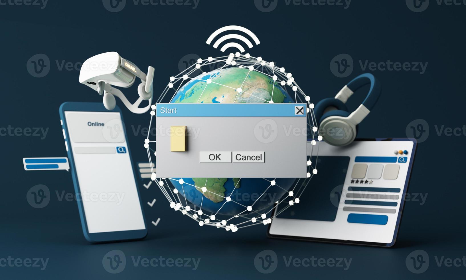 affärsman som använder smart mobiltelefon. företags globala applikationsteknologi för internetanslutning och digital marknadsföring, finans och bank, digital länkteknik, big data. tecknad modell -3D-rendering foto