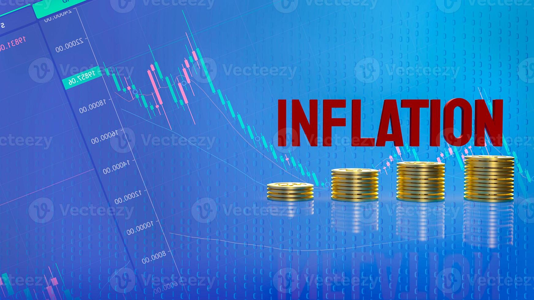 den röda inflationen och guldmynt på affärsbakgrund 3d-rendering foto