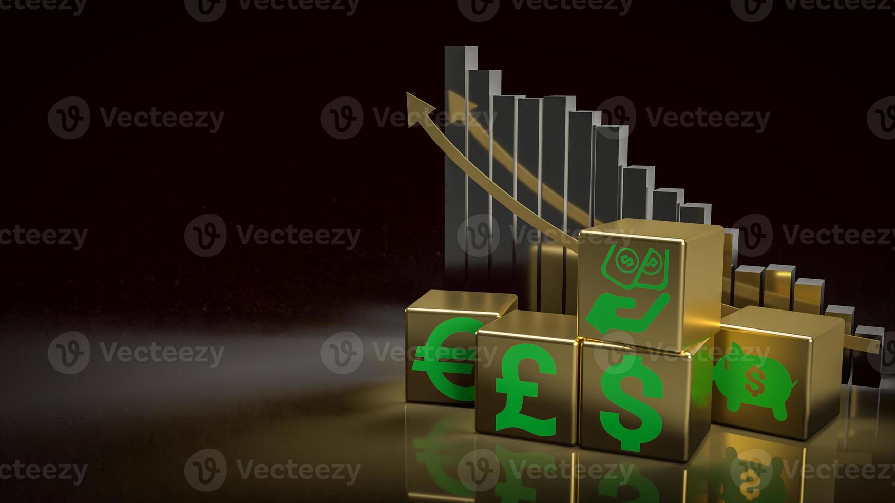 guld kub och pengar symbol för affärsidé 3d-rendering foto