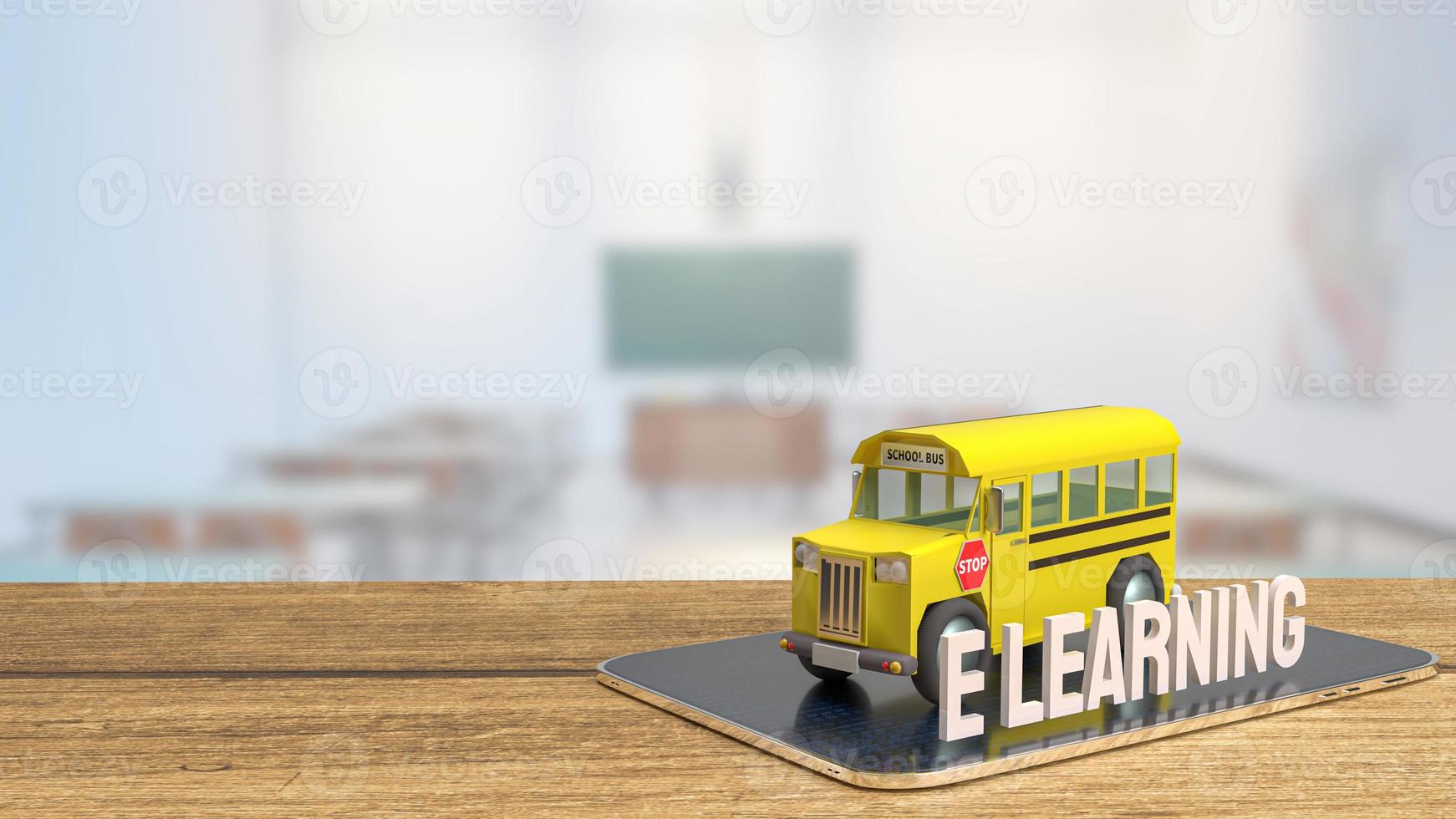 skolbuss på surfplatta för e-learning koncept 3d-rendering foto