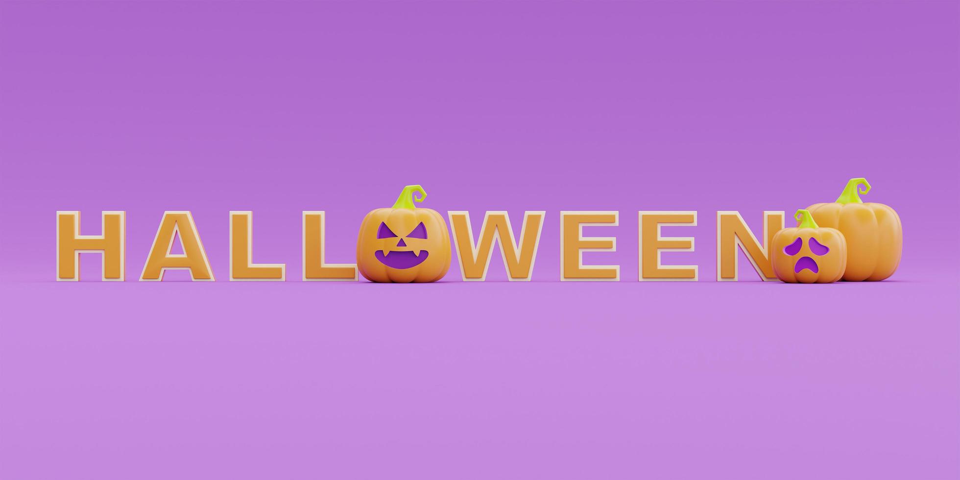 glad halloween med jack-o-lantern pumpor karaktär på lila bakgrund, traditionell oktober semester, 3D-rendering. foto