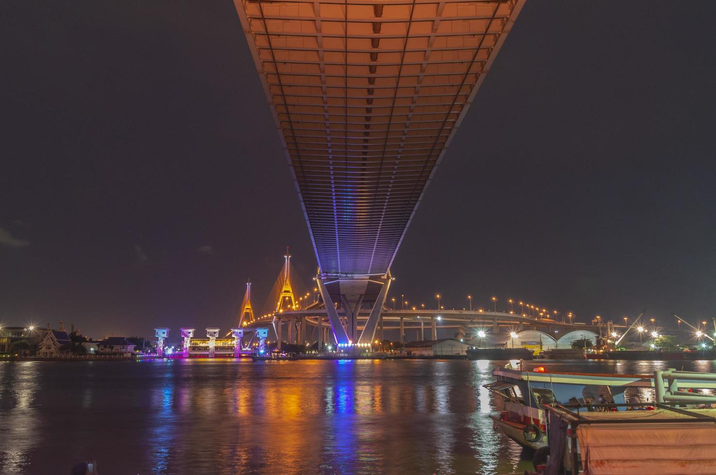 bhumibol bro, chao phraya flodbro. tända lamporna i många färger på natten. foto