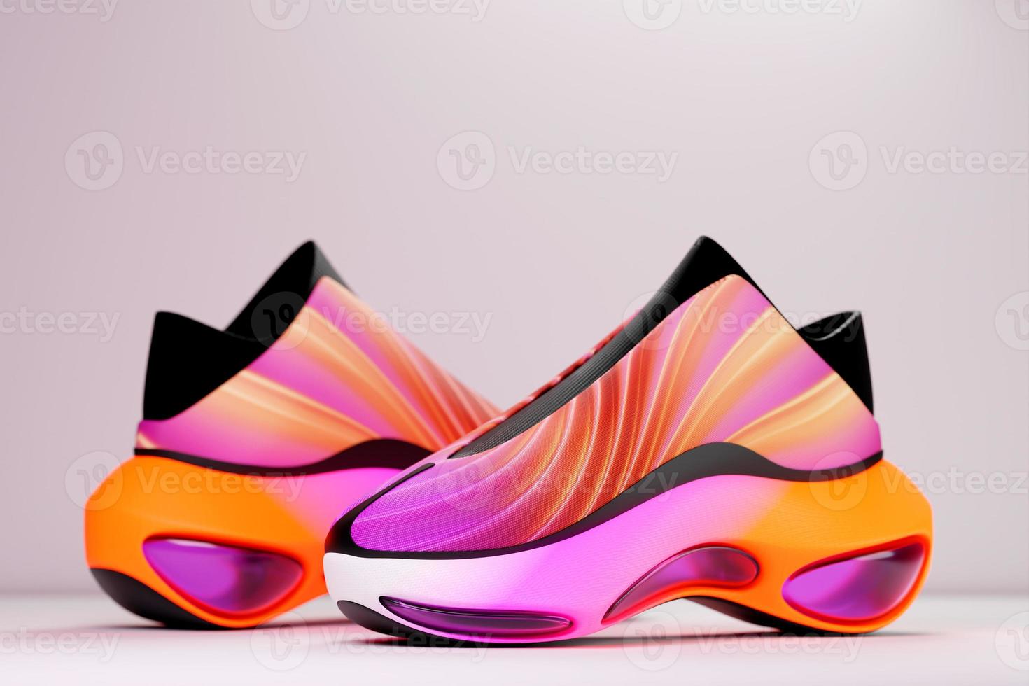 3D-illustration av sneakers med ljus gradient holografiskt tryck. snyggt koncept med snygga och trendiga sneakers foto