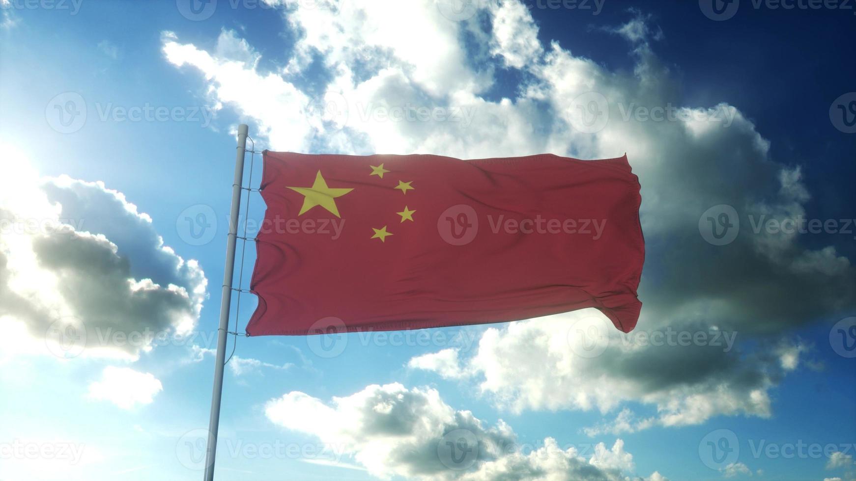 Kinas röda flagga vinkar i vinden mot vacker blå himmel. 3d illustration foto