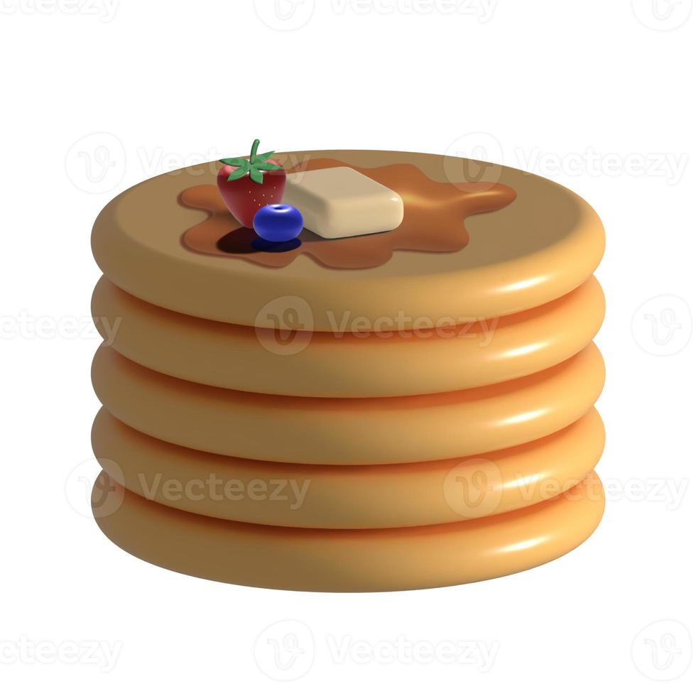 fluffig bunt pannkakor med lönnsirap, smör och färsk frukt på vit bakgrund 3d illustration. foto