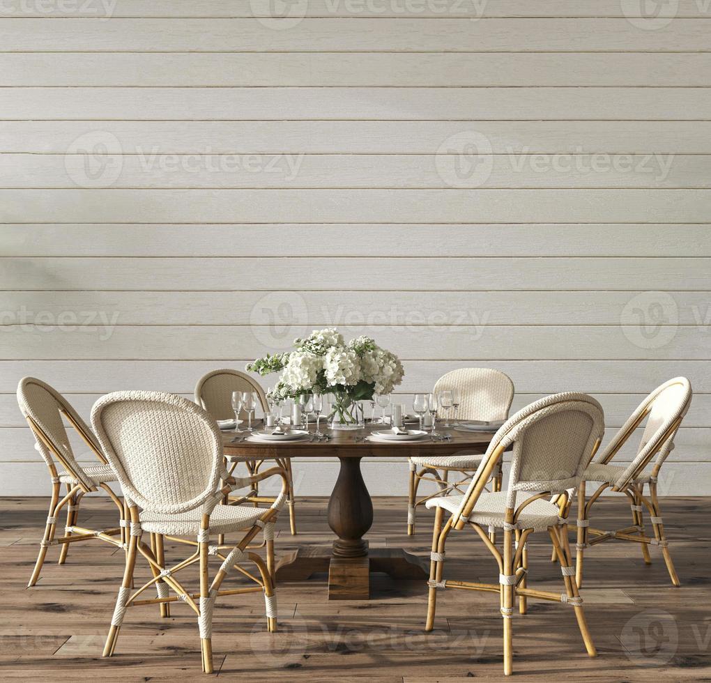 kustnära matsal med bord. håna upp vit vägg i mysig heminredning. hampton style 3d render illustration. foto