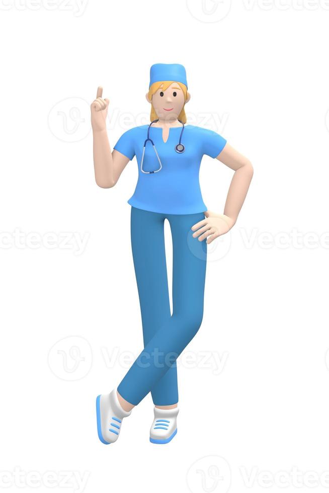 medicinsk karaktär ung vit kvinnlig läkare pekfinger upp. begreppet uppmärksamhet, fara, är viktigt. tecknad person isolerad på en vit bakgrund. 3d-rendering. foto