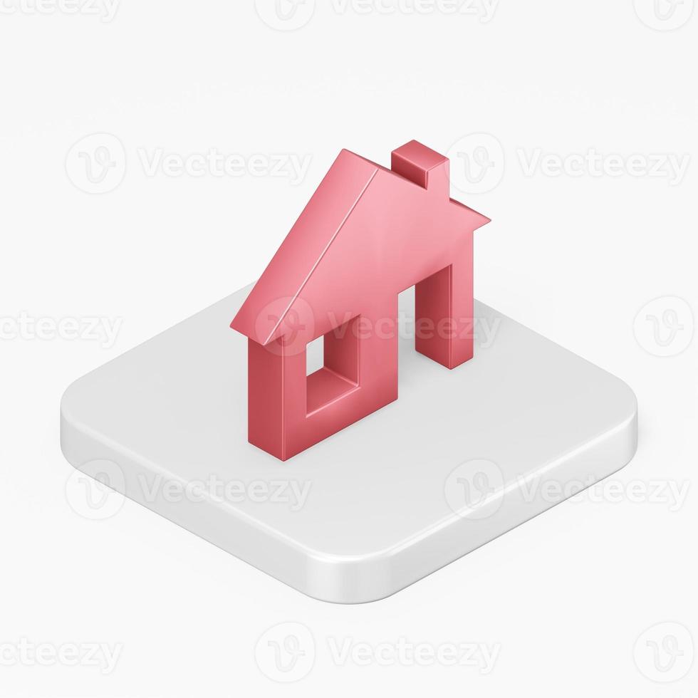 röd platt hus ikon. 3D-rendering fyrkantig knapp nyckel isometrisk vy, gränssnitt ui ux element. foto