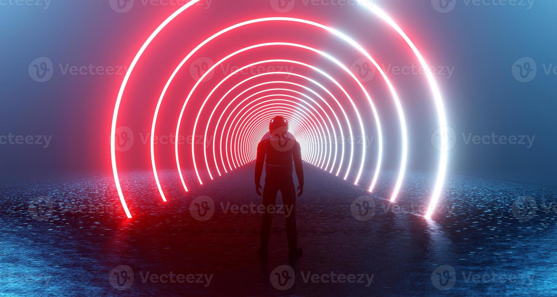 3D-rendering en fantastisk scen en ensam man framför en neonröd cirklar portal, teleportera. ett främmande, mystiskt landskap, en lysande tunnel i fjärran, en flammande korridor. foto
