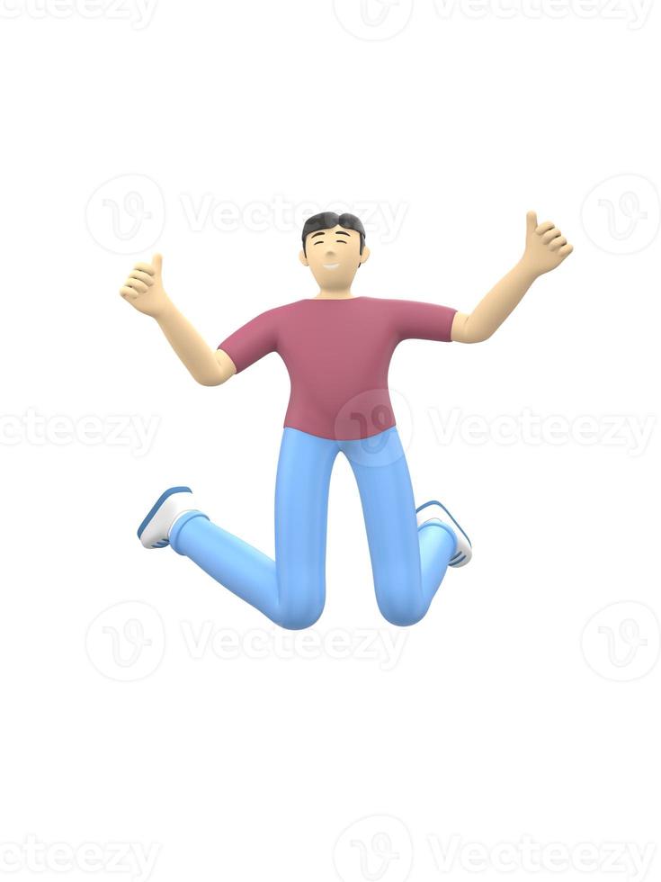 3D-rendering karaktär av en asiatisk kille som hoppar och dansar och håller upp händerna. glada tecknade människor, student, affärsman. positiv illustration är isolerad på en vit bakgrund. foto