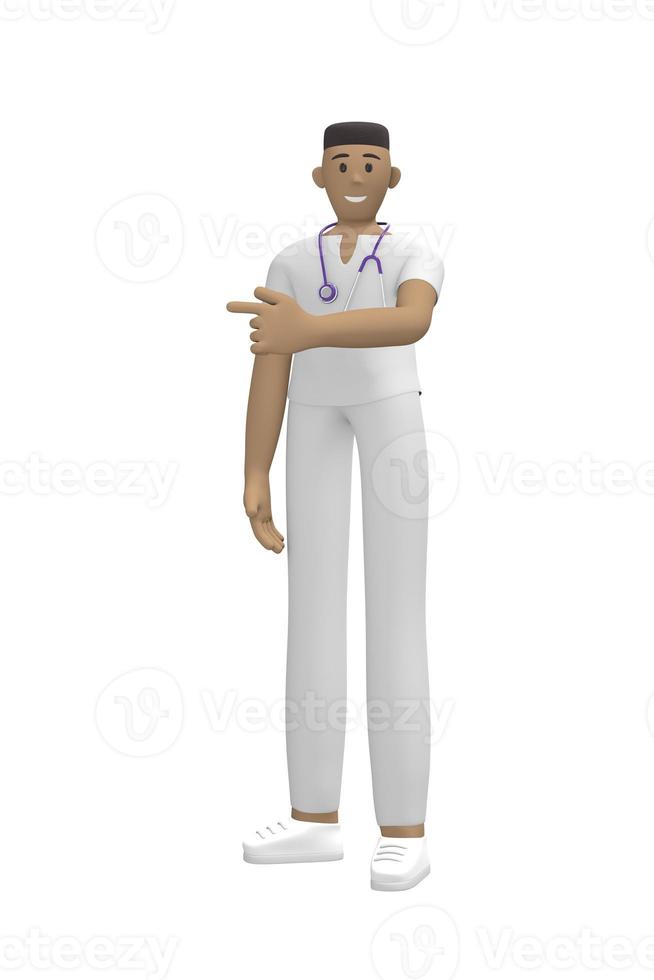 medicinsk karaktär ung afrikansk man läkare i kostym pekar ett finger för att kopiera utrymme. tecknad person isolerad på en vit bakgrund. 3d-rendering. foto