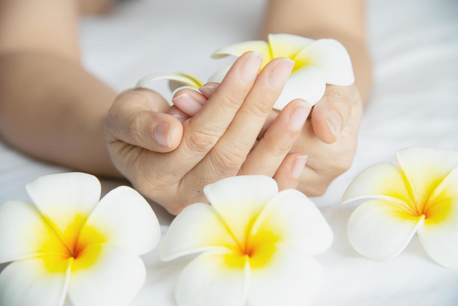 lady hand håller vackra vita gula plumeria blommor på vit säng - människor med spa blomma fredligt sinne koncept foto