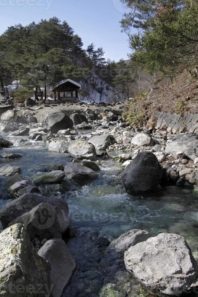 en flod av varmt vatten rinner genom skogen nära kusatsu onsen, japan foto