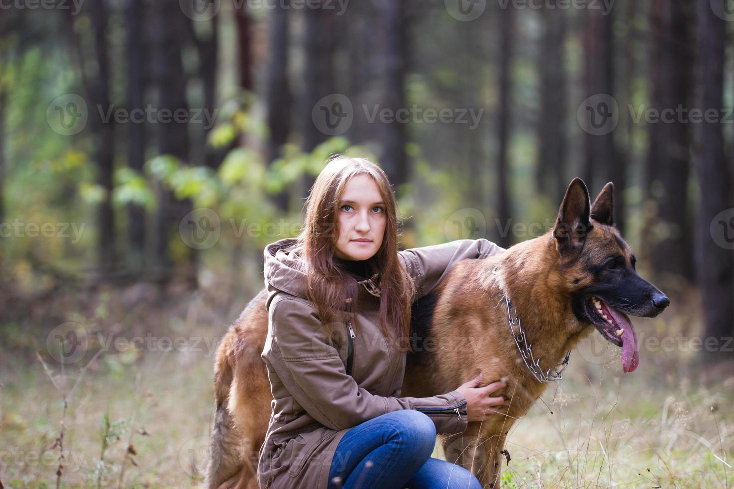 ung attraktiv kvinna poserar med schäferhund utomhus i höstparken, närbild foto
