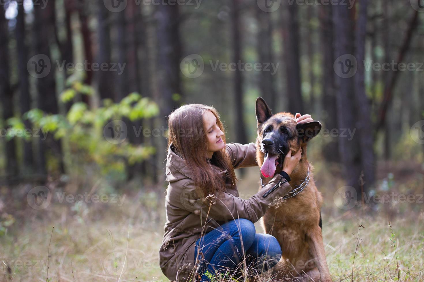 ung attraktiv kvinna som leker med schäferhund utomhus i höstparken, närbild foto