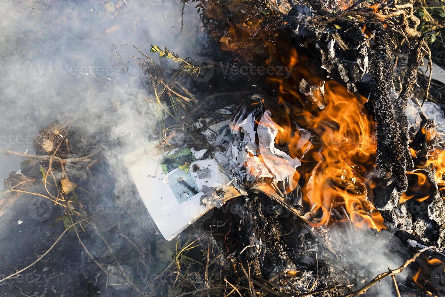 brinnande fotografibok i brasa från grenar foto