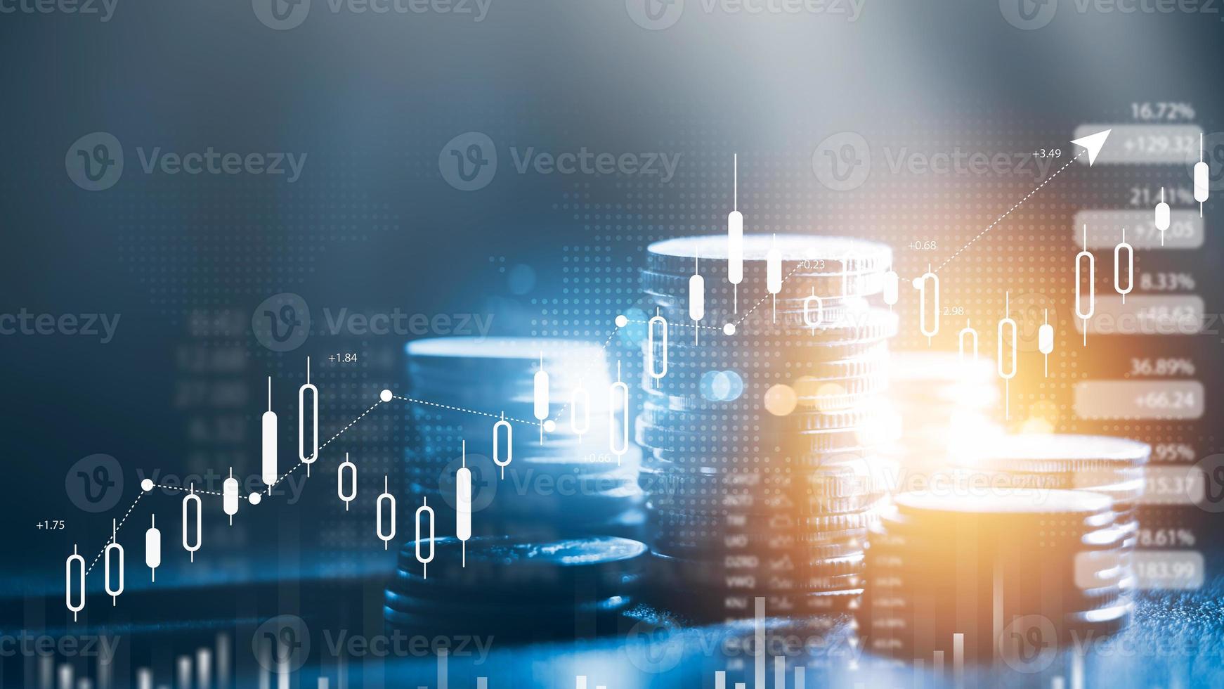 finansiella data om företags välstånd, hög med mynt med diagram aktiemarknadens bakgrundsdiagram, koncept för investeringsfinansiering affärsutveckling och den framtida världsekonomin. foto