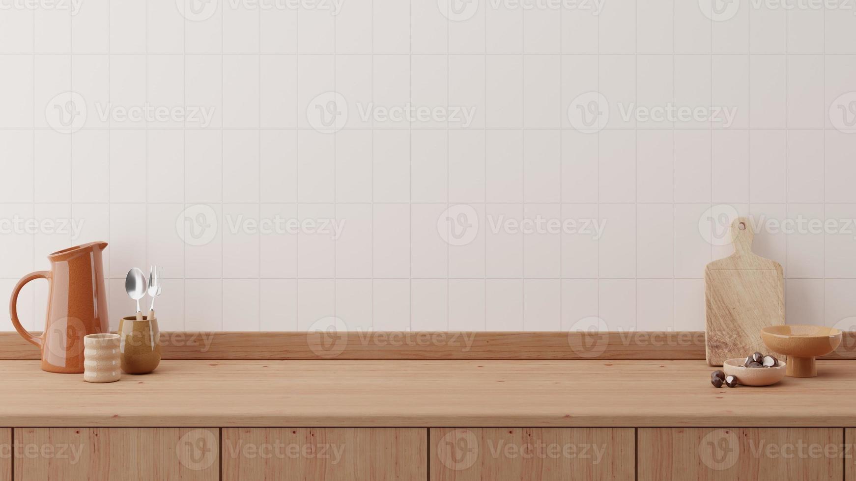 minimal counter mockup bakgrund med ljust trä bänk kakel vit vägg med orange brun kanna. köksinredning. foto