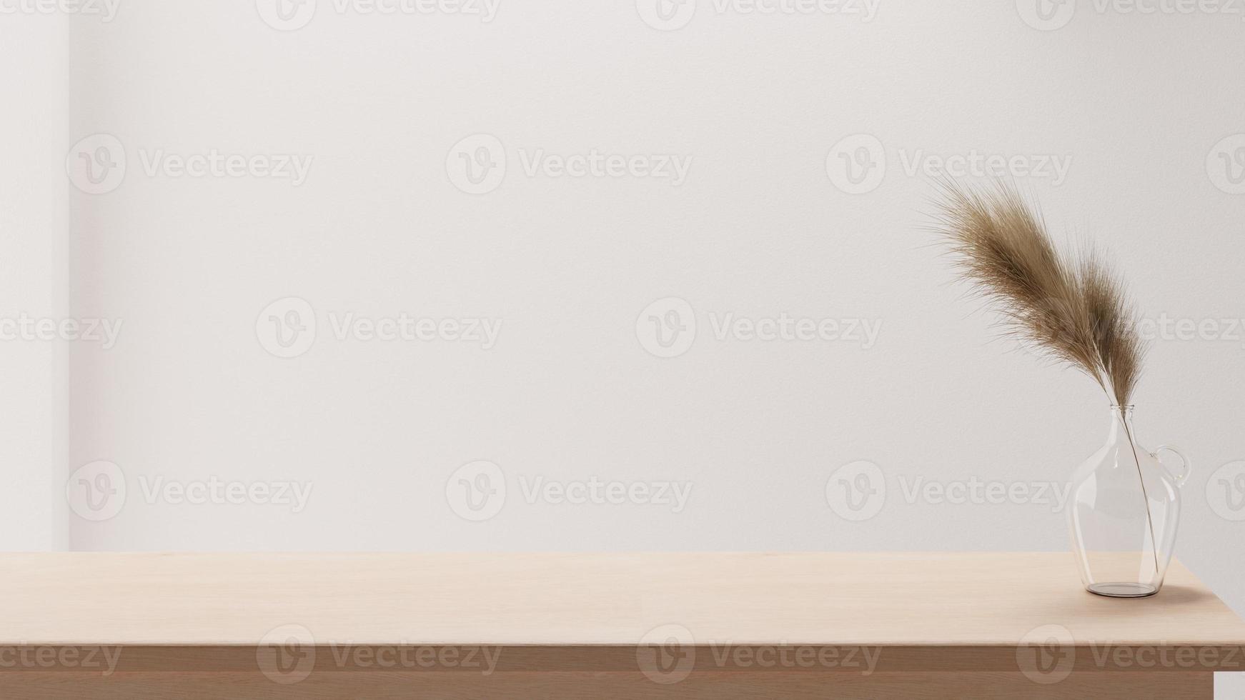 minimal diskmockupbakgrund i japansk stil med ljust trädisk och vit vägg med glasvas. köksinredning. foto