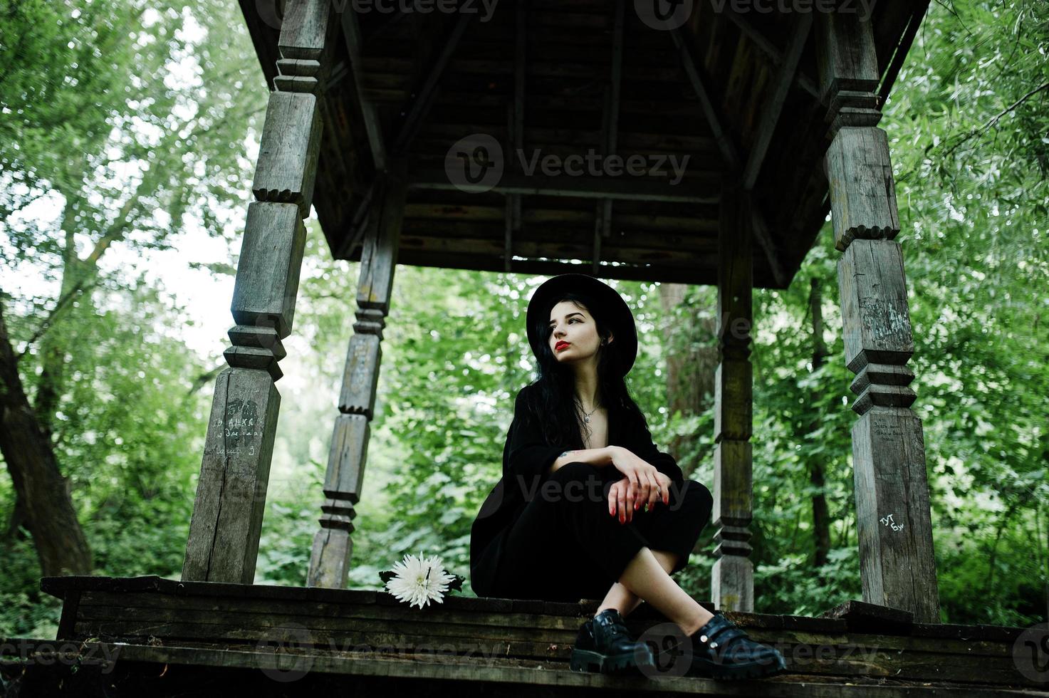 sensuell tjej helt i svarta, röda läppar och hatt. goth dramatisk kvinna sitter på träbåge på skogen. foto