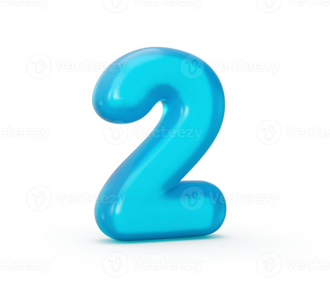blå gelé siffra 2 två isolerad på vit bakgrund gelé färgglada alfabet nummer för barn 3d illustration foto
