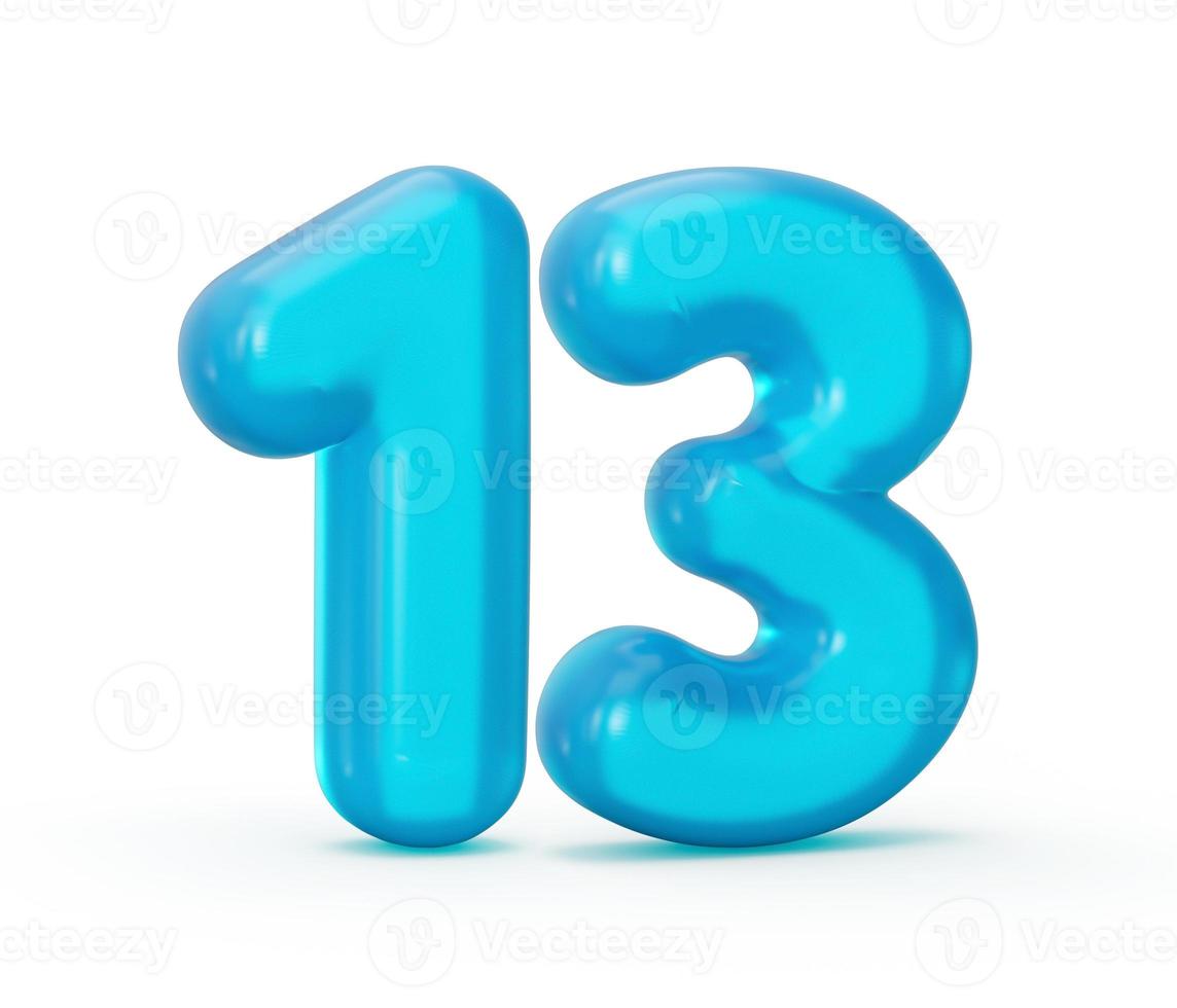 blå gelé siffra 13 tretton isolerad på vit bakgrund gelé färgglada alfabet nummer för barn 3d illustration foto