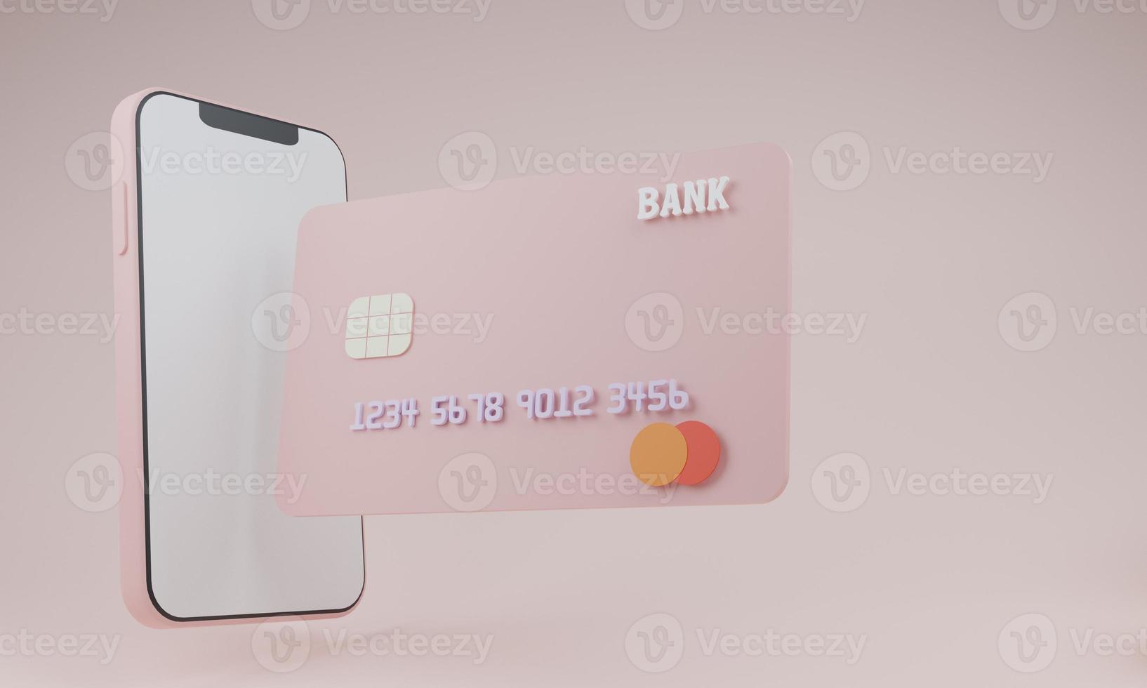 smartphone tom display med kreditkort flytande på rosa bakgrund. shopping mobilapp, cashback och bank, pengar-sparande. pengaröverföring online, isolera bakgrund. 3D-rendering illustration. foto