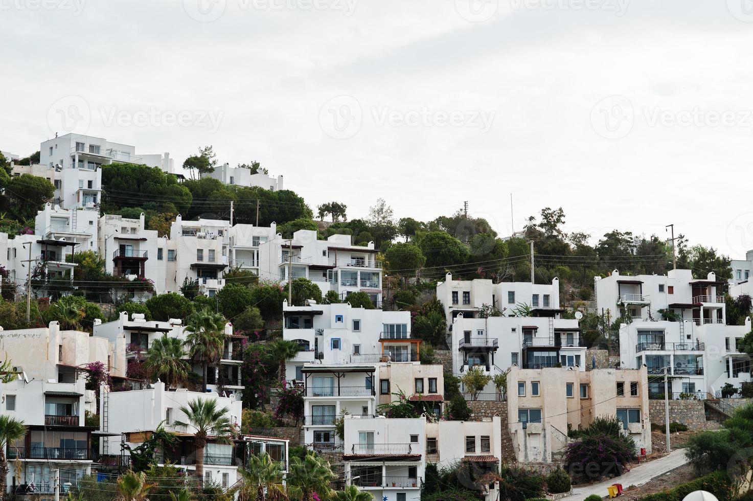 vackert naturskönt landskap med små byggnader på berg med palmer. exotiska landskap resort. populärt landmärke, berömt resmål i Bodrum, Turkiet. foto