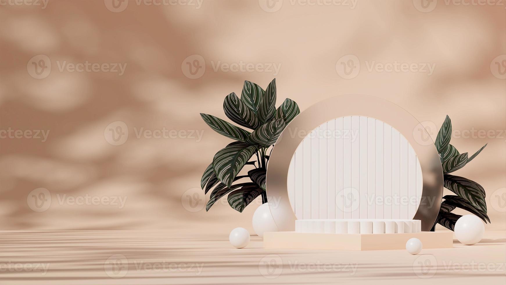 3D-rendering mall vit podium i landskap med glas, vit sfär och rosa rand calathea foto