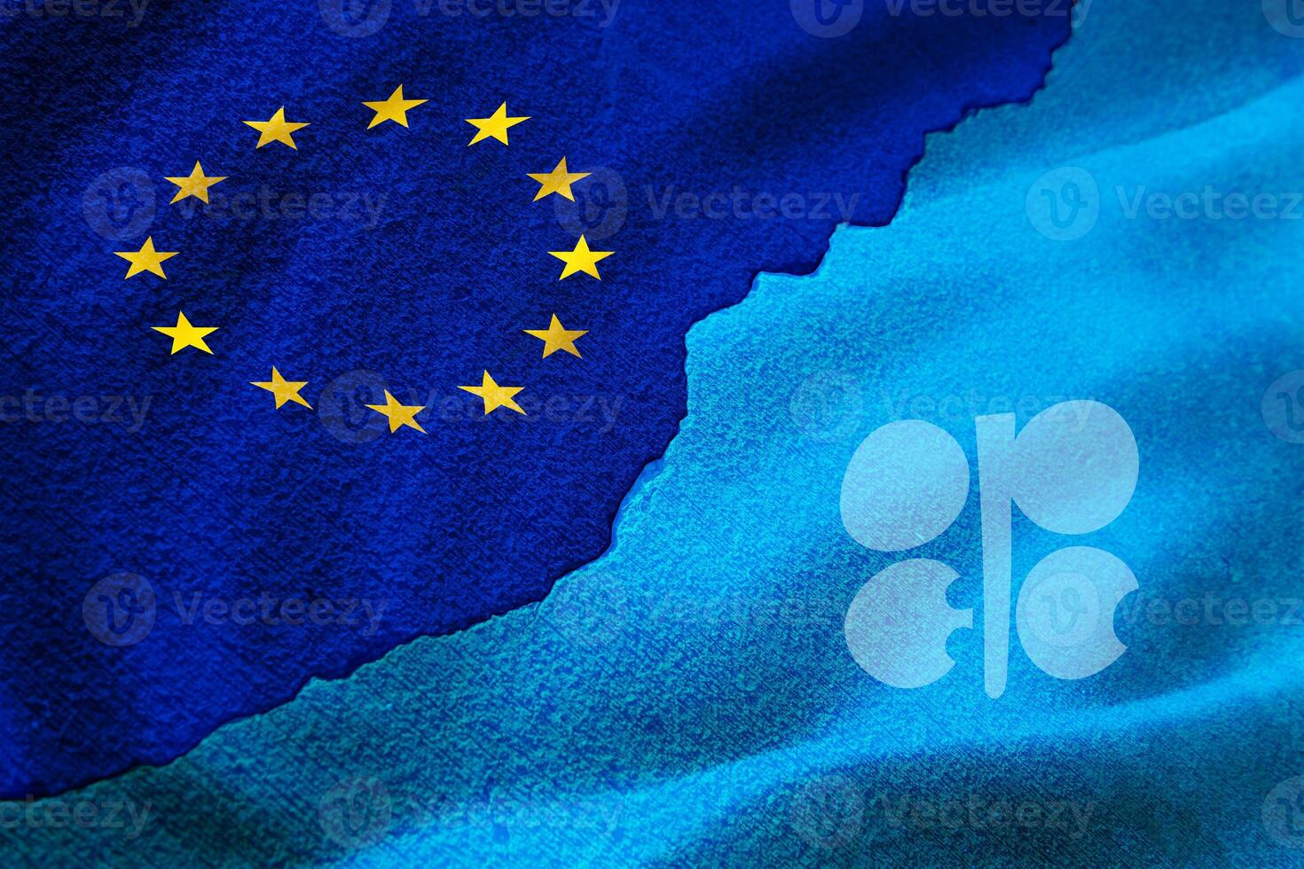 opec vs eu, Europeiska unionens relation är i kris med opec, 3d-rendering flaggbakgrundskonflikt för oljehandelsfrågor, USA och opec dominerade båda den globala olje- och skiffergasmarknaden foto