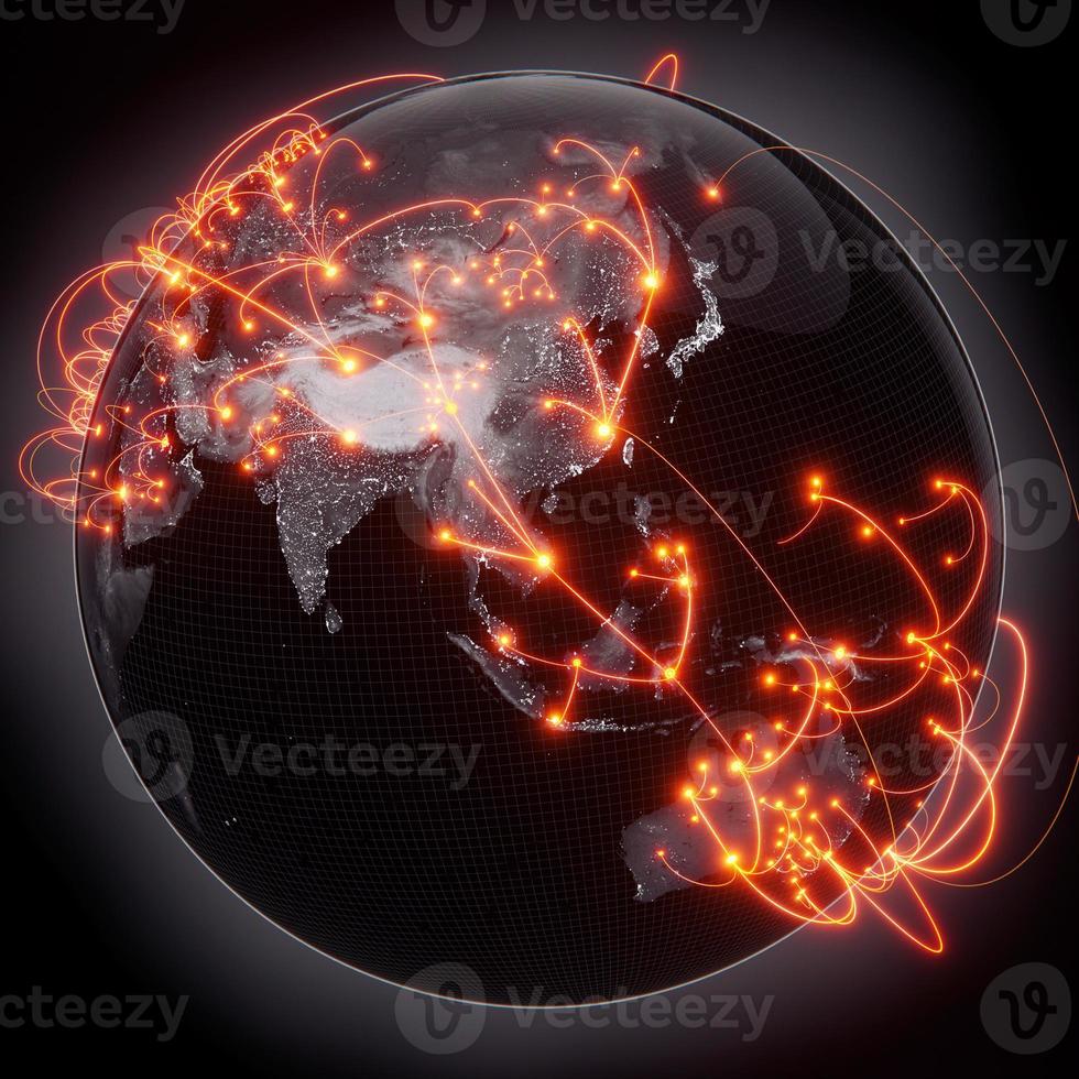 globalisering och kommunikation koncept. jord och lysande strålar. 3d-rendering foto
