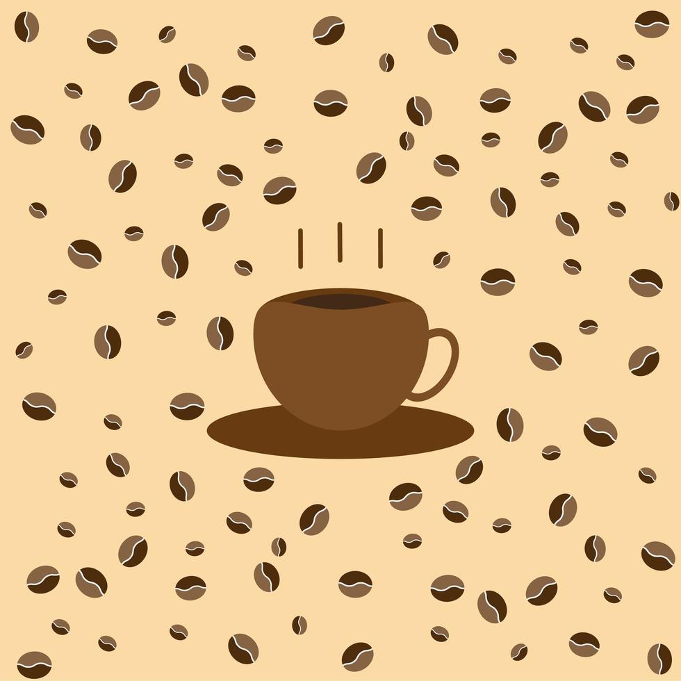 den bruna koppen varmt kaffe och kaffebönor runt bakgrund platt ikon stil. foto