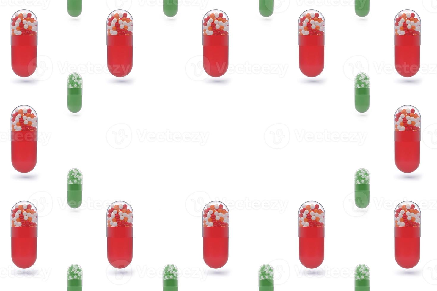 seamless mönster av 3d röda och gröna piller på en vit bakgrund. tabletterna är stora och små. 3D-illustration med kopia utrymme. foto