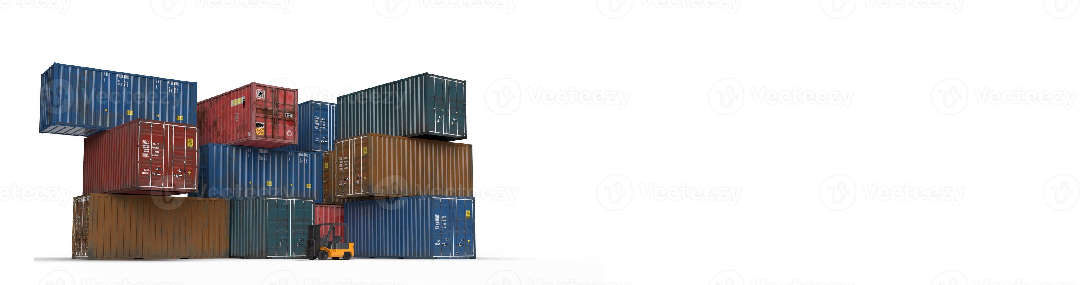 container gaffeltruck låda transport brygga metall kran varor symbol dekoration prydnad affärsekonomi logistik last import export lager kommersiell handelskrig lastning tullen international.3d render foto