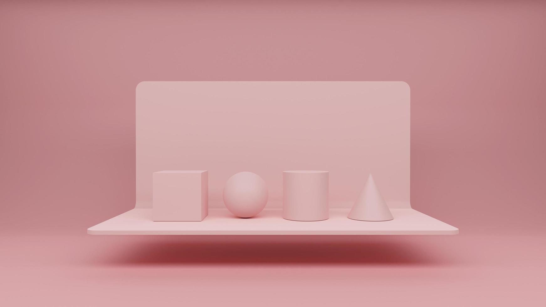 rosa rutor, sfärer, cylindrar, koner och pastell baser på en rosa bakgrund , 3d illustration. foto