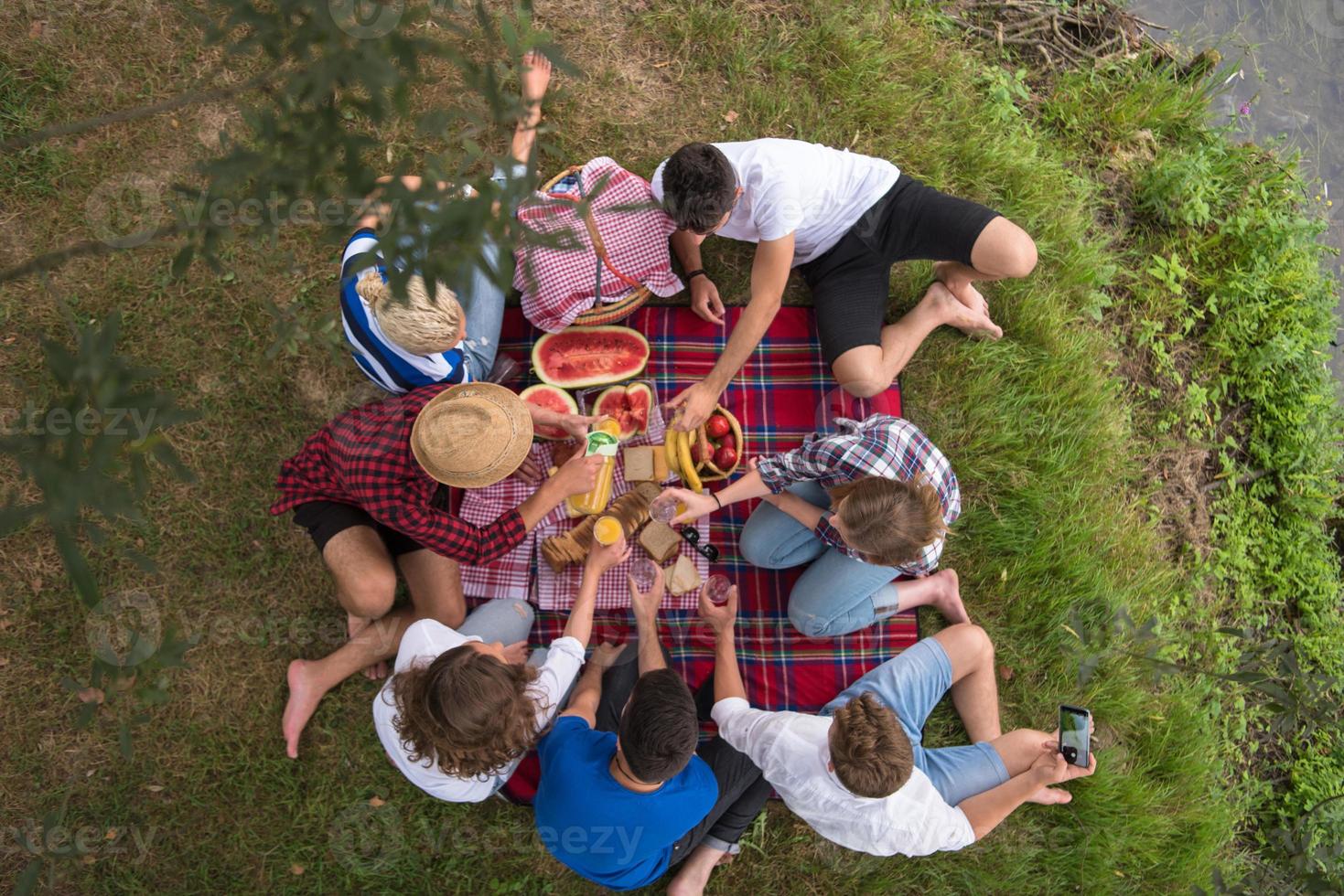 ovanifrån av gruppvänner som njuter av picknick foto