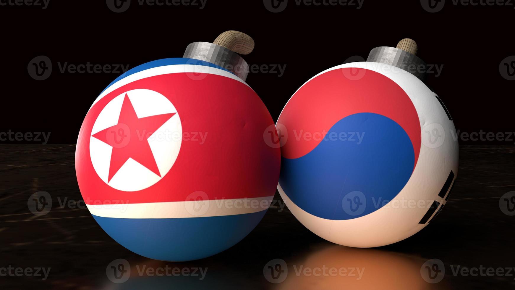 norr korea och söder korea flaggor på bomba 3d tolkning för gräns innehåll. foto