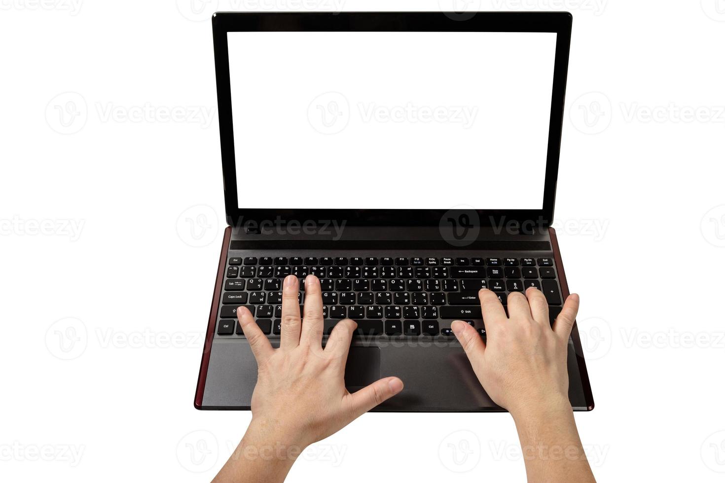 kvinna använder sig av bärbar dator isolerat på vit bakgrund, klippning väg foto